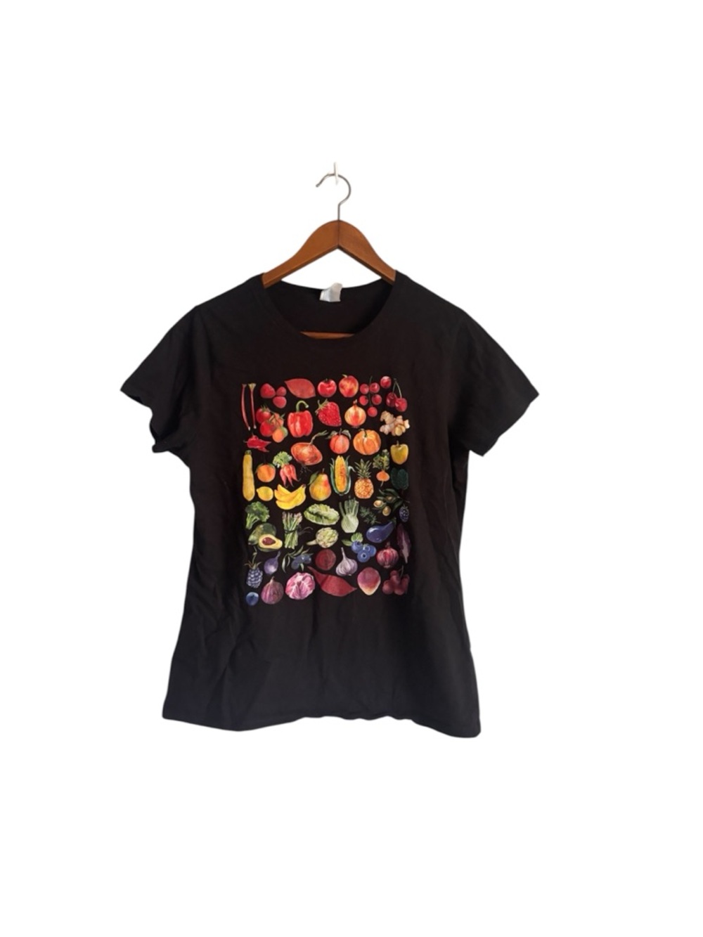 Boutique Black Rainbow Fruit & Vegetable Vegans Gardeners Vegetarian T-Shirt - Picture 2 of 6